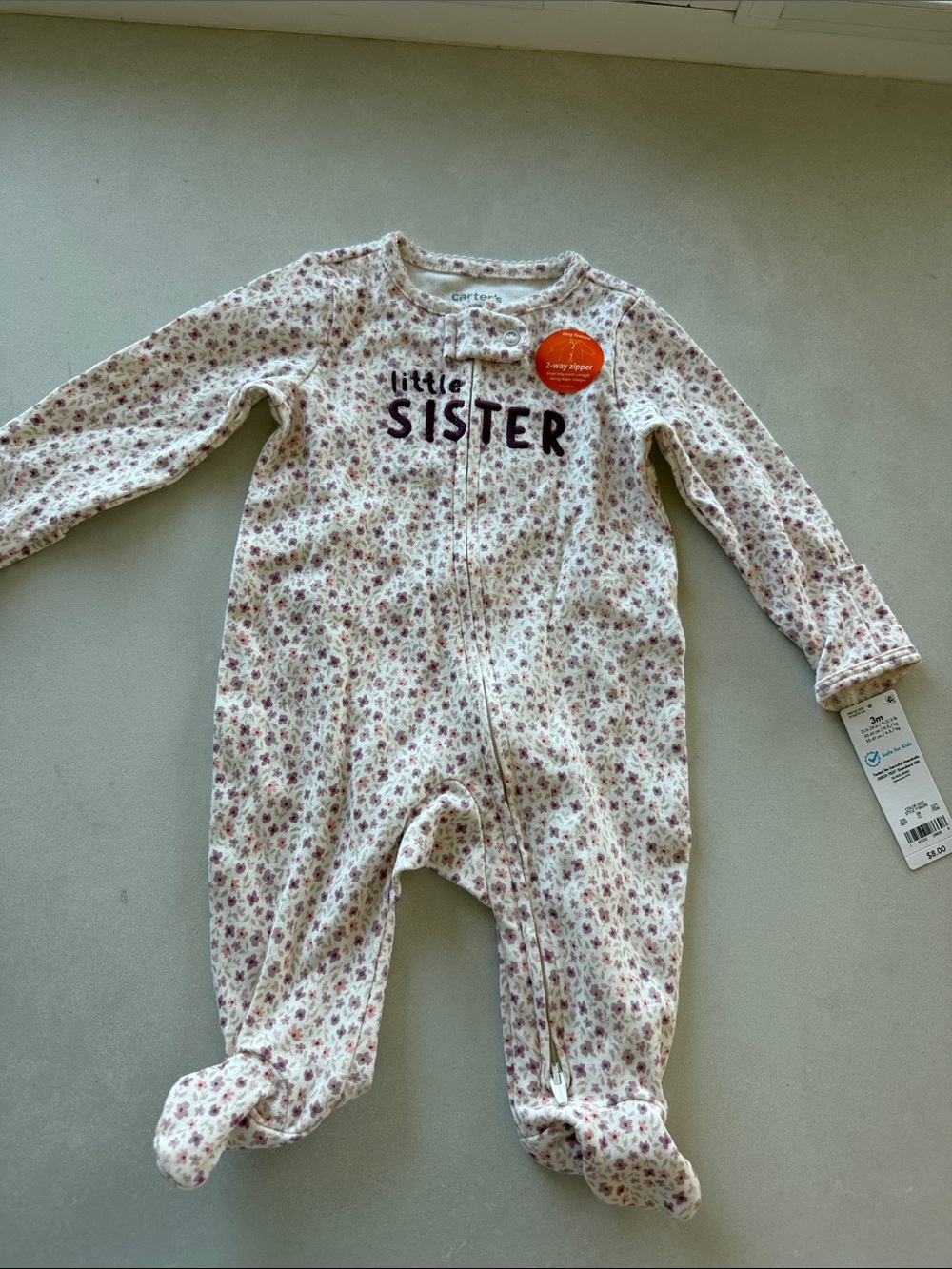 Carter's Cream Footed One-Piece with Pink Floral "Little Sister"